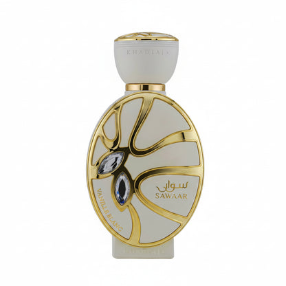 Sawaar Vanille Blanc Eau de Parfum 100mL Khadlaj - frasco oval branco e dourado com cristais
