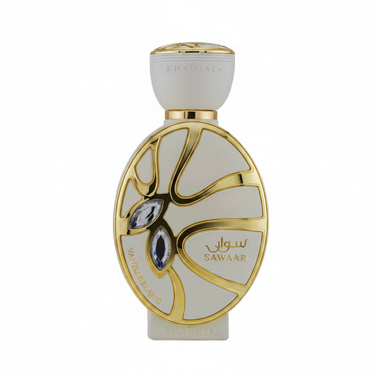 Sawaar Vanille Blanc Eau de Parfum 100mL Khadlaj - frasco oval branco e dourado com cristais
