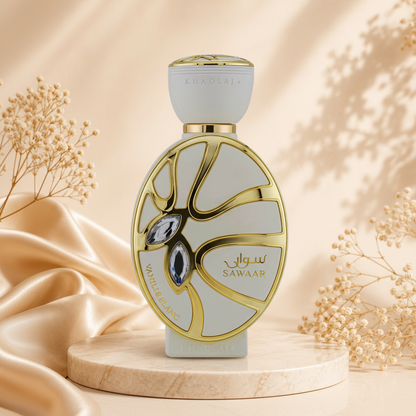 Sawaar Vanille Blanc Khadlaj - perfume árabe de luxo oriental amadeirado em ambiente elegante