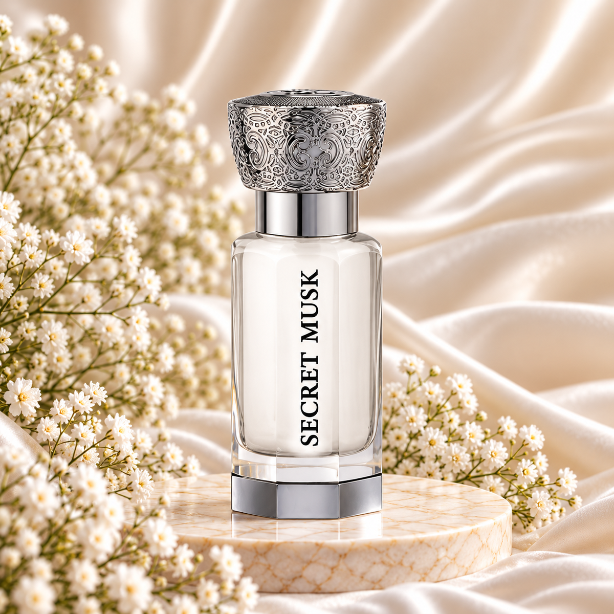 Frasco de óleo perfumado Secret Musk Swiss Arabian, com conteúdo branco, base prateada e tampa prateada trabalhada, sobre mármore, rodeado de pequenas flores brancas e tecido acetinado bege.