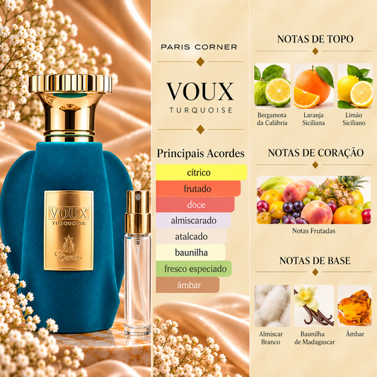 Voux Turquoise Paris Corner com decant e notas de bergamota, laranja, limão, frutas, almíscar branco, baunilha de Madagáscar e âmbar.

