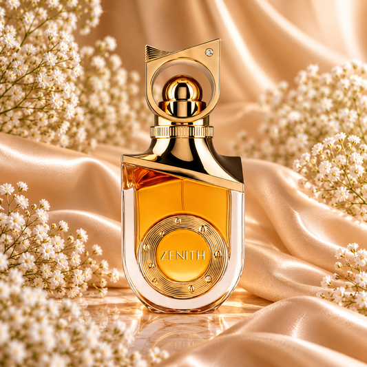 Perfume Zenith da Riiffs em frasco de vidro com detalhes dourados e líquido âmbar, sobre tecido acetinado bege e rodeado de pequenas flores brancas.