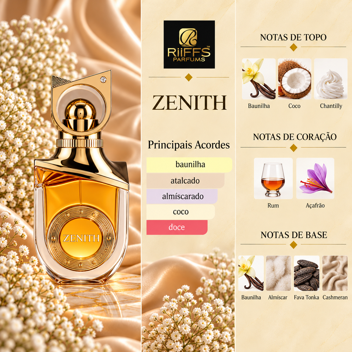 Perfume Zenith da Riiffs com frasco dourado, acordes principais e pirâmide olfativa de baunilha, coco, chantilly, rum, açafrão, almíscar, fava tonka e cashmeran